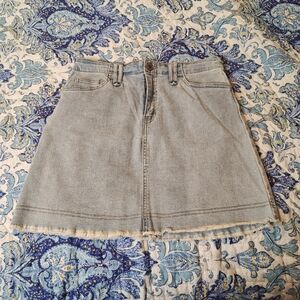 Copper Key Mini Skirt Blue Denim Jean Light Wash Yellow Stitch Pockets  Sz S EUC